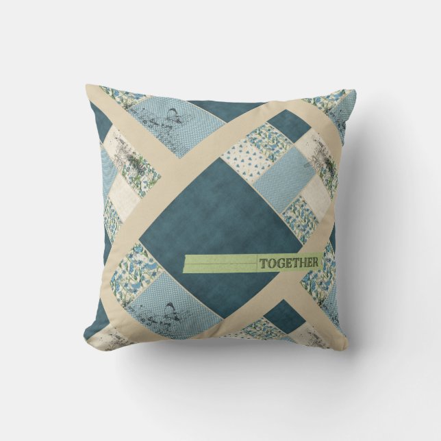 Blue Patchwork Together Diagonal Throw Pillow (Front)