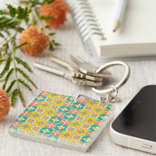 Blue pattern in cheerful colors key ring