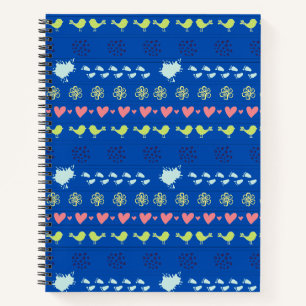 blue pattern of birds, dots, footsteps, flowers, notebook