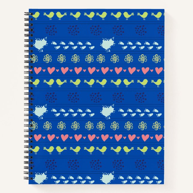 blue pattern of birds, dots, footsteps, flowers, notebook (Front)