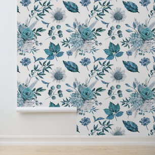 Blue pattern of flowers and leaves wallpaper