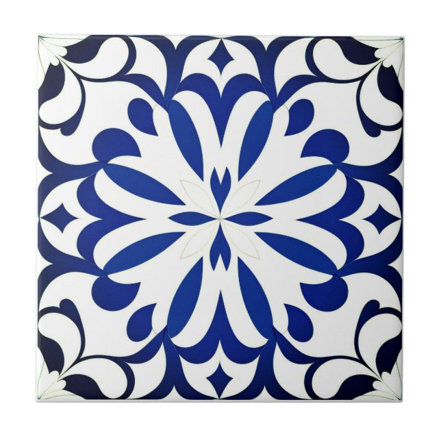 Blue pattern on white background ceramic tile (Front)