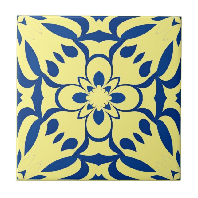 Blue pattern on yellow background ceramic tile (Front)