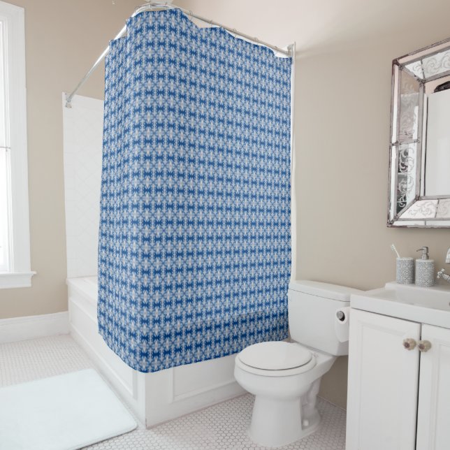 blue pattern shower curtain (In Situ)