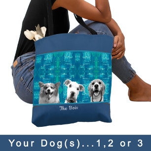 Blue Pattern with Black and White Photo Dog Mom Tote Bag