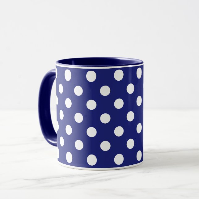 blue pattern with white polka dots mug (Front Left)