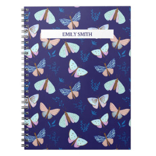 Blue Patterned Butterfly Notebook with Pink Accent