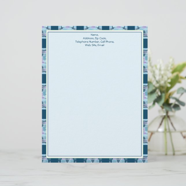 Blue Patterned Design With Purple Custom Letterhead (Standing Front)