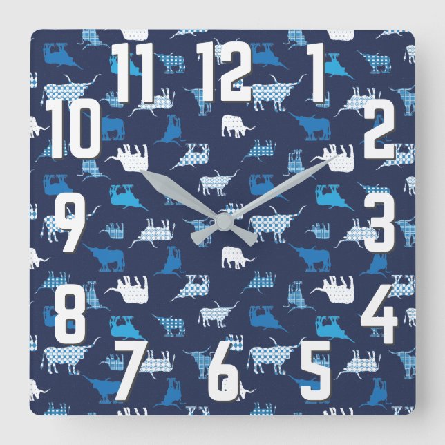 Blue Patterned Longhorns Pattern Square Wall Clock (Front)