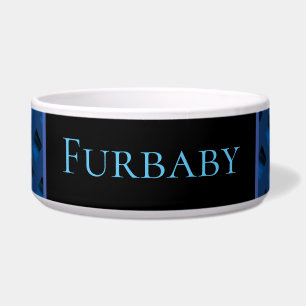 Blue patterned pet bowl.