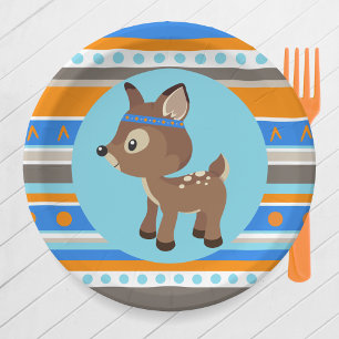 Blue Patterned Woodland Deer Party Paper Plates