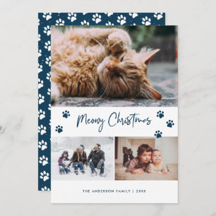 Blue Paw Print 3 Photo Collage Meowy Christmas Pet Holiday Card