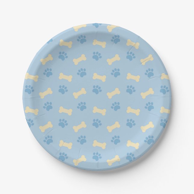 Blue Paw Print Bone Pattern Paper Plate (Front)