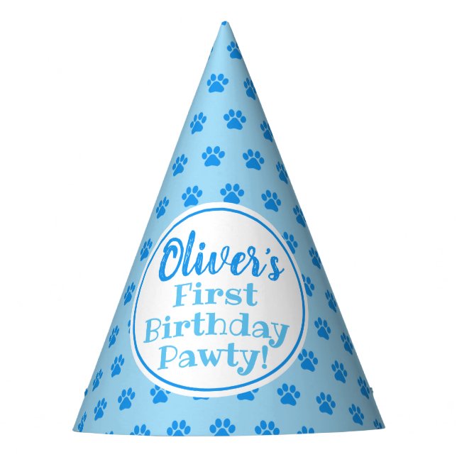 BLUE PAW PRINT Puppy Birthday Paper Party Hat (Front)