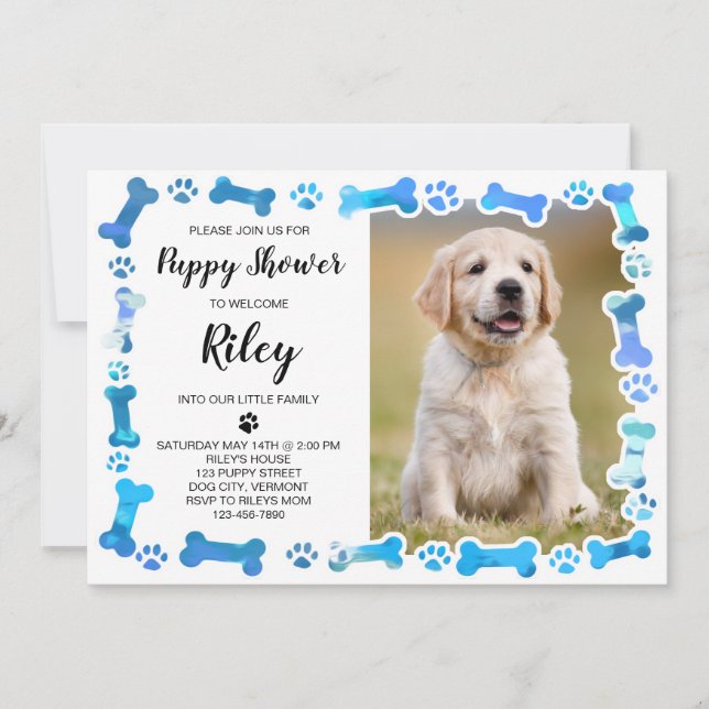 Blue Paw Prints Bones New Pet Dog Puppy Shower Invitation (Front)