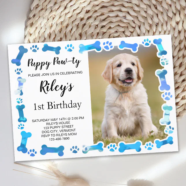 Dog 1st Birthday Invitations Blue Paw Prints Bones Puppy Dog