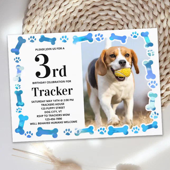 Blue Paw Prints Custom Dog Birthday Party Photo Invitation | Zazzle