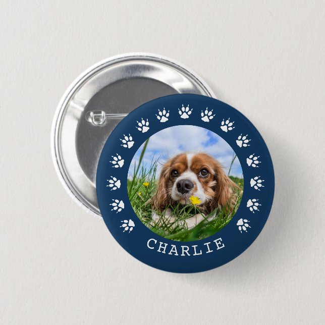 Blue Paw Prints Frame Pet Photo 6 Cm Round Badge (Front & Back)