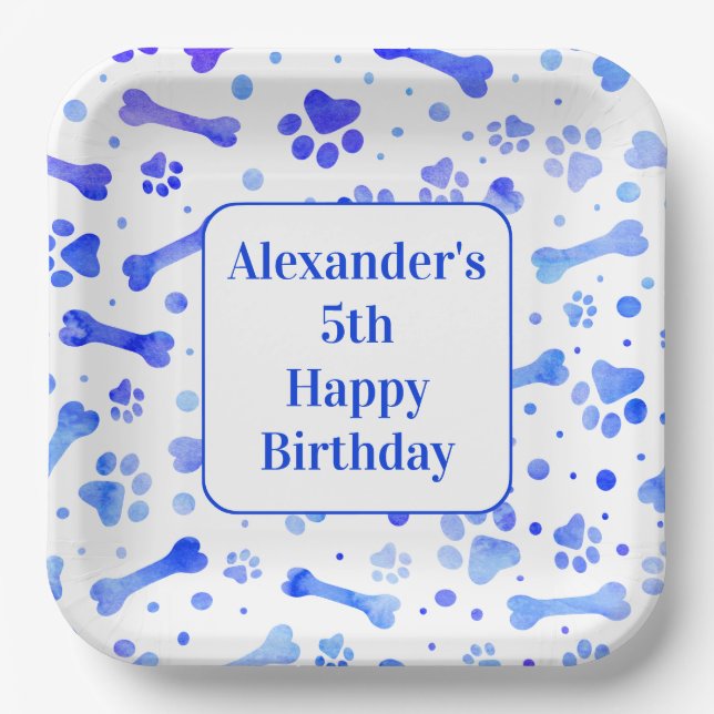 Blue Paw Prints Personalised Birthday Party Paper Plate (Front)