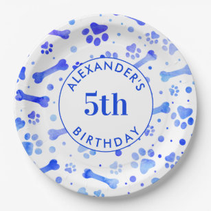 Blue Paw Prints Personalised Watercolor Birthday Paper Plate