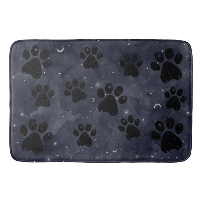 Blue Paw Stars Moon Watercolor Bath Mat (Front)