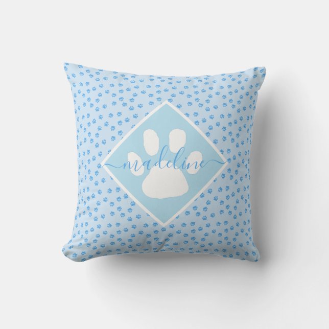 Blue pawprint personalised pillow (Front)