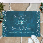 Blue Peace Joy Love Holiday Bold Modern Snowflake Doormat<br><div class="desc">“Peace, joy & love.” A fun, playful, light turquoise and white snowflake illustration and modern, sans serif typography on a rich, teal turquoise blue marble background help you usher in the holiday season. White and light turquoise confetti dots on the sides complete the look. Enhance your entryway with this stylish...</div>