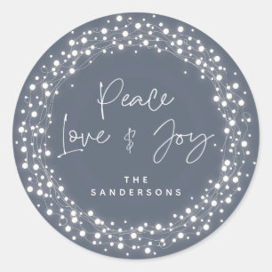 Blue Peace Love+Joy Sparkling Lights Christmas Classic Round Sticker