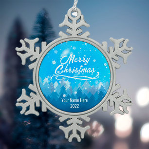 Blue Peaceful Snow Forest Merry Christmas Snowflake Pewter Christmas Ornament