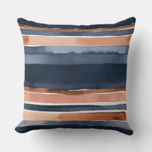 Blue peach and chocolate watercolor stripes cushion