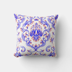 Blue Peach and White Damask Floral Pattern Elegant Cushion