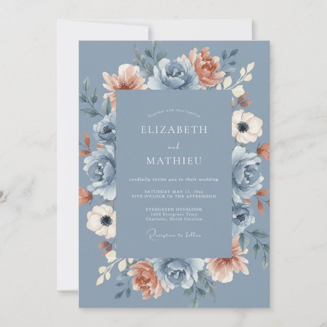 Blue Peach Blossom Flourish Wedding Invitation (Front)
