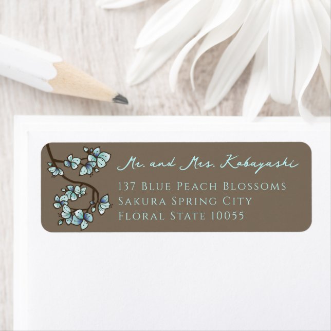 Blue Peach Blossom Flowers Asian Wedding Address Return Address Label (Insitu)