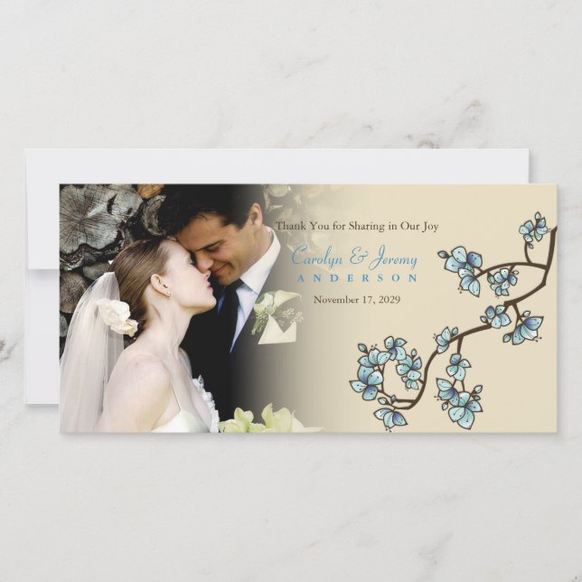Blue Peach Blossom Flowers Asian Wedding Photo Thank You Card (Front)