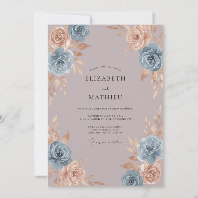 Blue Peach Blossom Romance Wedding Invitation (Front)