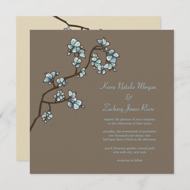 Blue Peach Blossoms Sakura Asian Wedding Invite (Front/Back)