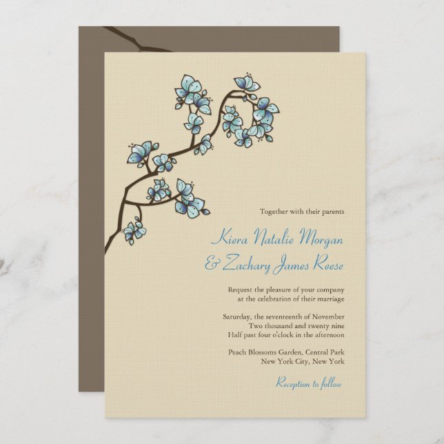 Blue Peach Blossoms Sakura Asian Wedding Invite (Front/Back)