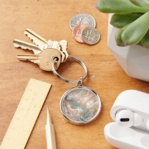 Blue Peach Blush Pink White Gold Marble Pattern Key Ring