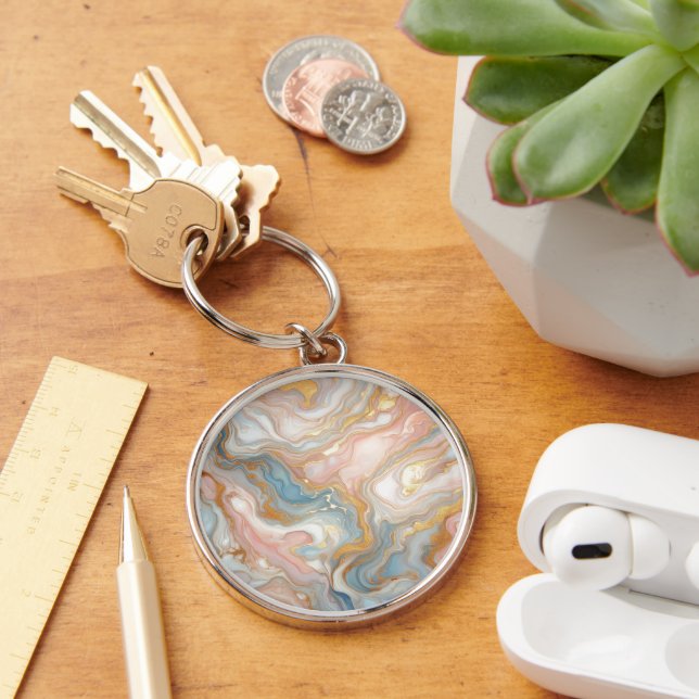 Blue Peach Blush Pink White Gold Marble Pattern Key Ring (Desk)