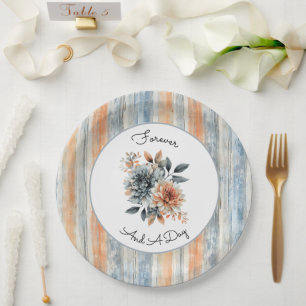 Blue Peach Cream Stripes Flowers Forever Wedding Paper Plate