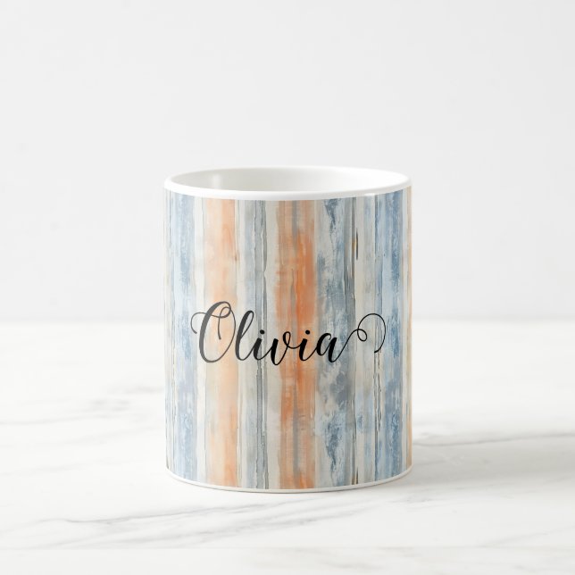 Blue Peach Cream Stripes Personalised Coffee Mug (Center)