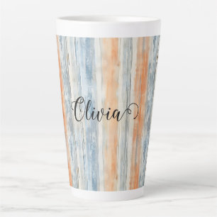 Blue Peach Cream Stripes Personalised Latte Mug