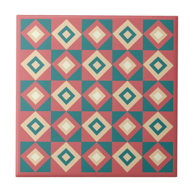 Blue Peach Diamond Geometric Ceramic Tile (Front)