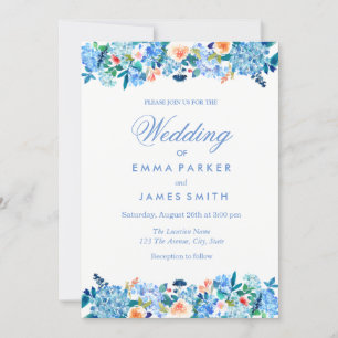 Blue Peach Floral Peonies Wedding Invitation