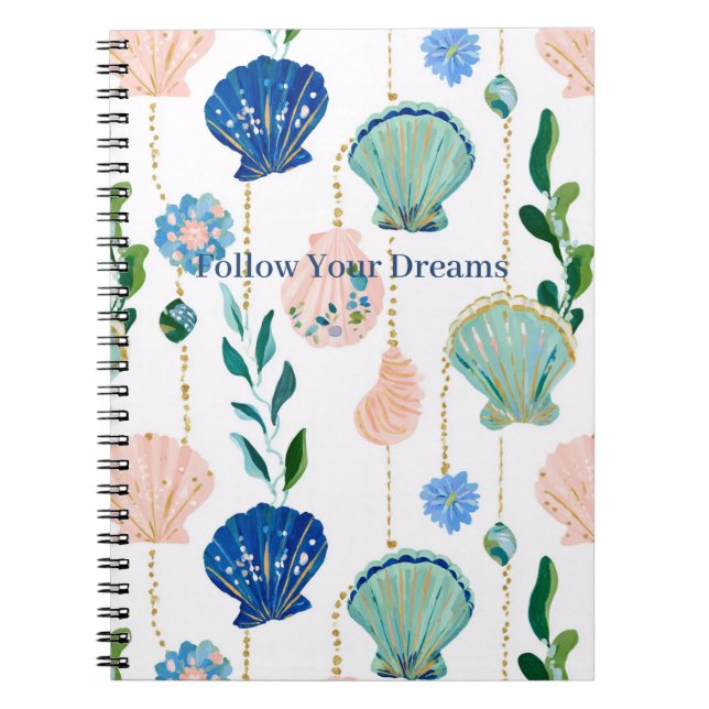 Blue Peach Floral Shells Notebook (Front)