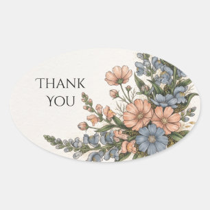 Blue Peach Floral Wedding Thank You Oval Sticker