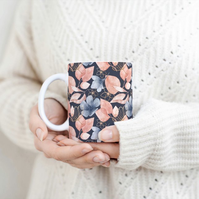 Blue, Peach & Gold Florals Stylish Botanical Art Coffee Mug (Creator Uploaded)