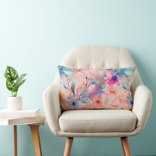Blue, Peach & Pink Abstract Floral Lumbar Cushion