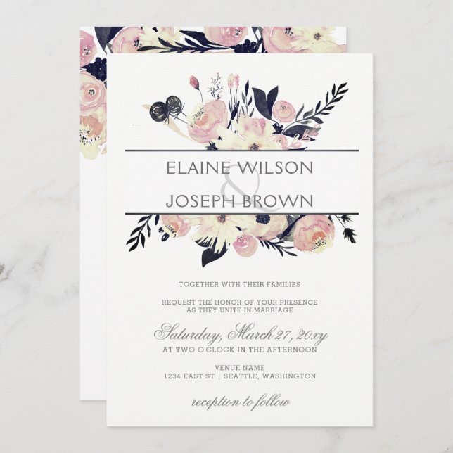 Blue & Peach Pink Floral Spring Wedding Invitation (Front/Back)
