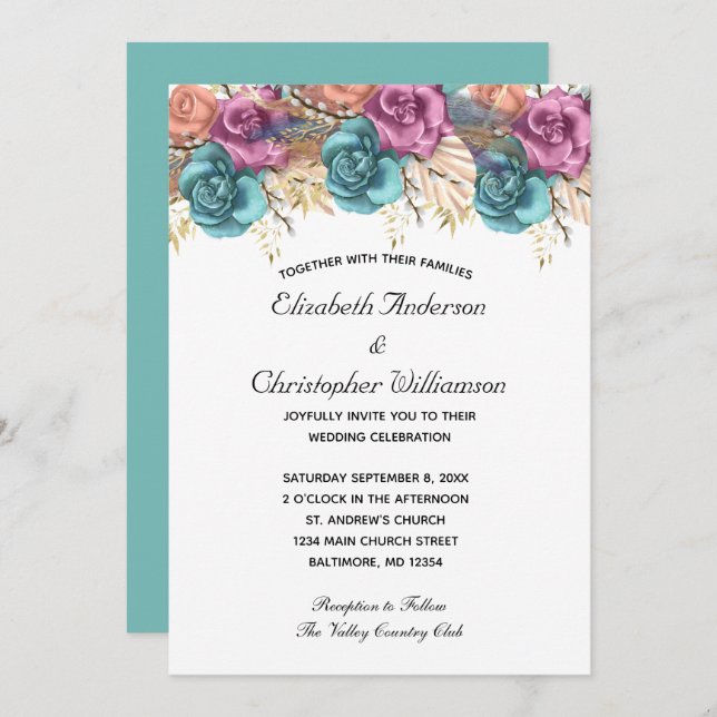 Blue Peach Rose Floral Formal Elegant Wedding Invitation (Front/Back)